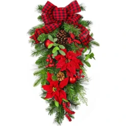 Holiday Living Indoor Artificial Christmas Teardrop Wreath Red Poinsettia And Green 28-in
