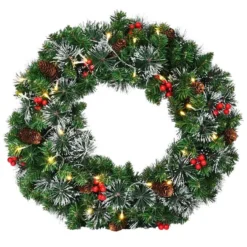 Costway 24-in Pre-Lit Indoor/Outdoor Battery-Operated Green Berry Artificial Christmas Wreath With Warm White LED