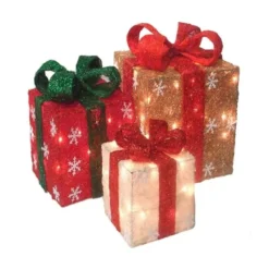 Northlight Set Of 3 10-in Red And Cream Gift Boxes Christmas Decoration With Lights