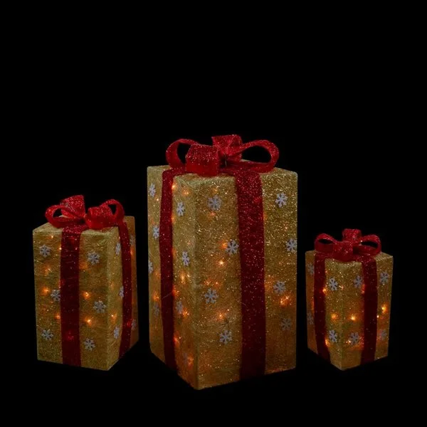 Northlight Set Of 3 18-in Free Standing Gold Gift Boxes Christmas Decor With Lights - Image 3