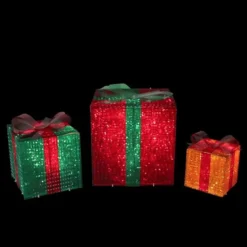 Northlight Set Of 3 8-in Glistening Gift Box And Bow Christmas Decoration With Lights