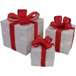 Northlight Set Of 3 9-in Silver Tinsel Gift Boxes Christmas Decoration With Lights